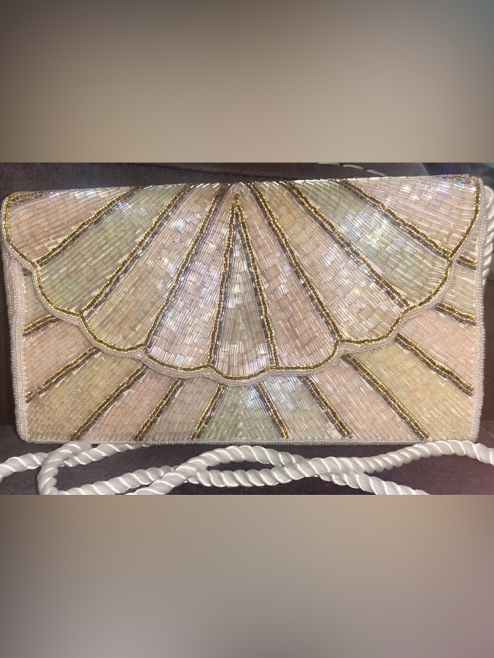 La Regale Pearl and Gold Beaded Shell-Pattern Clutch